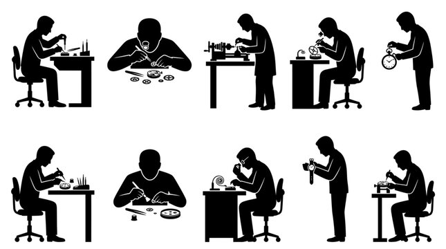 Watchmaker Silhouette Vector Icon Set Featuring Professional Jeweler Repairing Timepieces and Delicate Clockwork Mechanisms