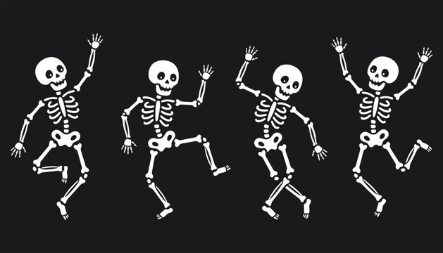 Five dancing skeletons with arms raised celebrating in a row on black background