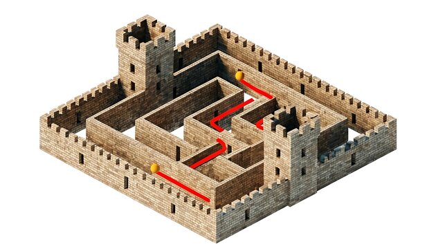 Aerial view of a medieval castle with a maze and red path  ancient architecture