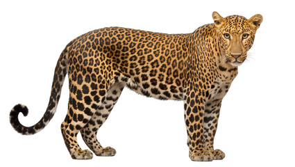 Fototapeta premium Isolated majestic leopard standing full body portrait, powerful wild cat with beautiful spotted fur.