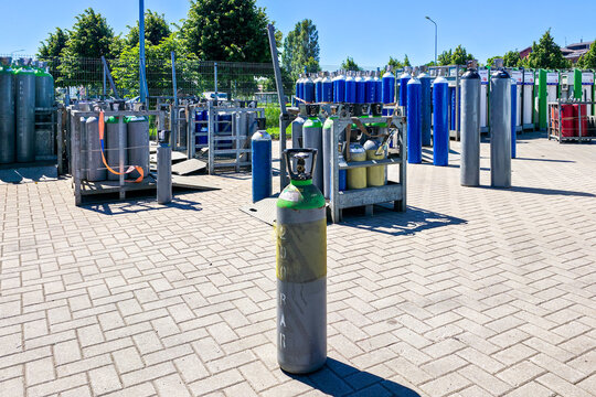 Liepaja, Latvia- 19 June, 2026: Industrial Gas Cylinders Storage Yard with Compressed Gas Bottles