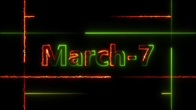 Abstract Neon March 7 calendar date Animation 4k video. Neon bright 7 March date text green color animation. Suitable for event promotion, important.