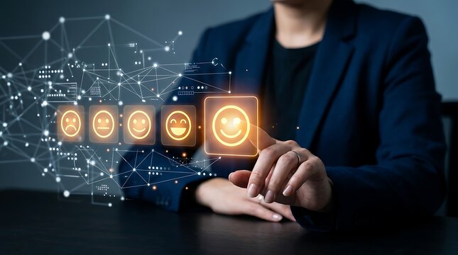 Businesswoman interacting with glowing customer feedback emoticons and network connections in a modern office