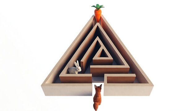 Wooden maze with rabbit and fox trying to reach carrot  puzzle game for kids