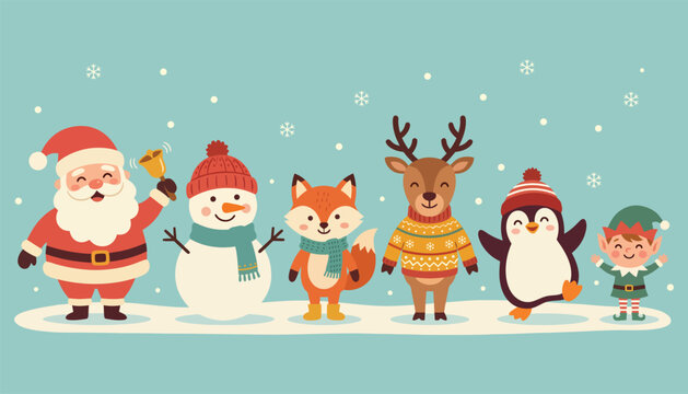 Cartoon winter holiday characters including santa, snowman, fox, reindeer, penguin, and elf
