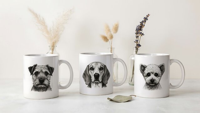 Three dogs arranged in letters spelling dog with flowers