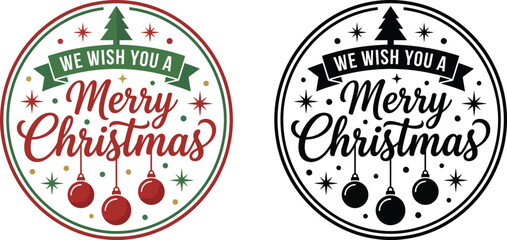 Obraz premium Two circular merry christmas greeting designs with holiday ornaments and banners