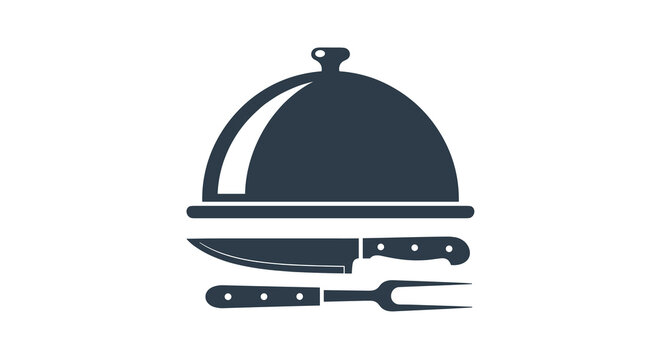 Professional restaurant or catering silhouette graphic featuring a serving cloche a sharp knife and a large carving fork.
