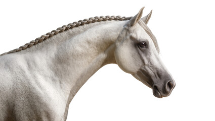 Isolated beautiful white horse with braided mane in profile. Elegant equestrian animal close-up. © Lucas