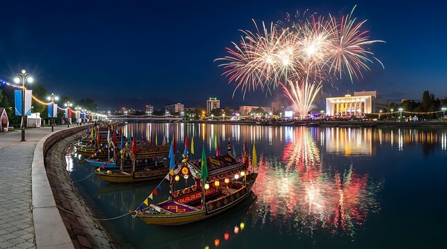 Vibrant Fireworks Display Over River with Traditional Decorated Boats at Night in Dushanbe City