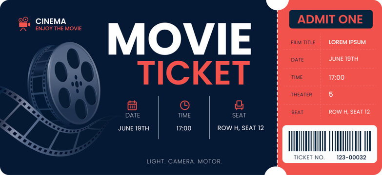 Movie ticket template with a film reel, movie poster, barcode, and tear-off ticket. Flat vector design for movie events, entertainment programs, film festivals, and promotions.