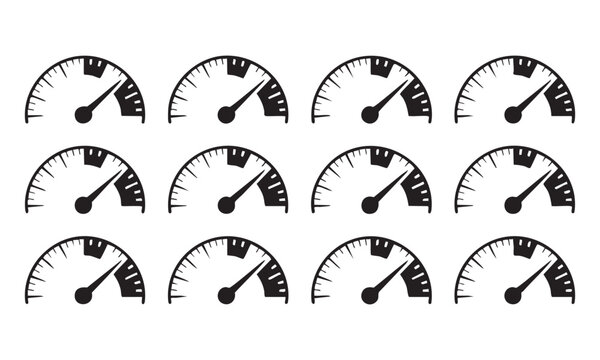 Speedometer scale vector set, gauge signs, flat design, isolated on transparent background.