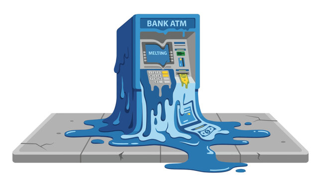 Illustration of a melting ATM machine on a sidewalk, symbolizing financial system issues or economic meltdown