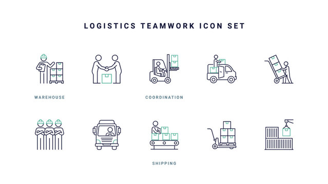 Supply chain management and logistics team icon sheet &ndash; Ideal for distribution tracking software, freight forwarding presentations, or export training.
