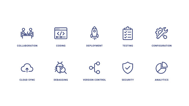 Coding teamwork and software engineering icon collection &ndash; Perfect for application development websites, code repository interfaces, or IT recruitment.