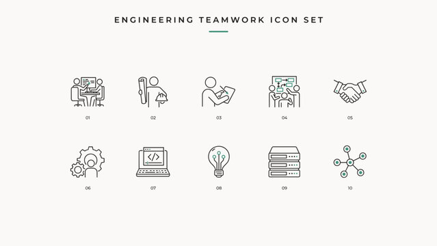 Engineering teamwork and industrial collaboration icon sheet &ndash; Suitable for tech hardware manufacturing, blueprint presentations, or architectural design tools.