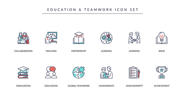 Education teamwork and student group project icons &ndash; Suitable for e-learning platforms, academic presentation slides, or university workshop guides.