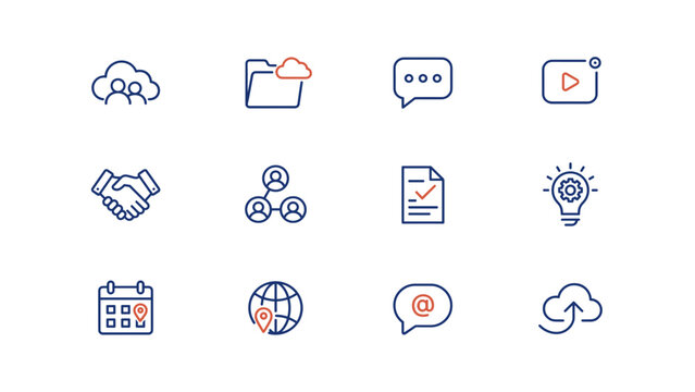 Shared data and cloud teamwork technology icons &ndash; Great for virtual office software, remote file sharing landing pages, or cyber security blogs.