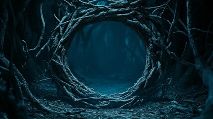 Obraz premium Mysterious circular branch portal in dark spooky forest at night background
