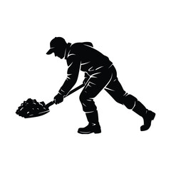 Fototapeta premium Farmer silhouette digging soil with shovel during daytime with copy space