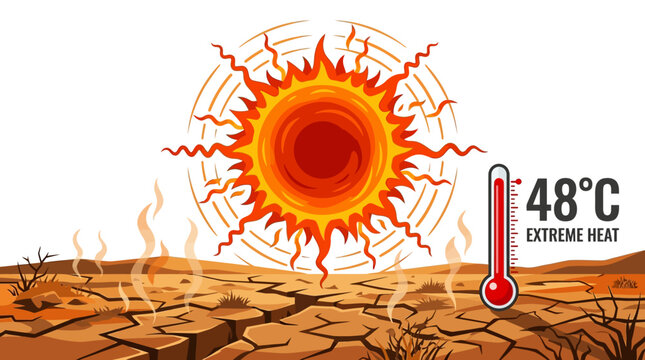 Extreme heat wave illustration with scorching sun over cracked desert ground and thermometer reading high temperature