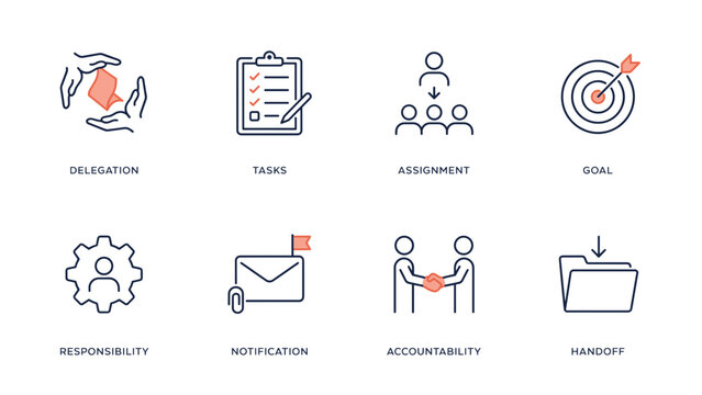 Work assignment and responsibility delegation icon sheet &ndash; Great for project coordinator dashboards, operations training, or business apps.
