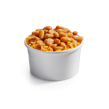 Studio Shot of Mexican Rice and Beans in White Paper Takeout Container with Clipping Path