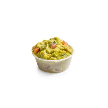 Studio Shot of Fresh Chunky Guacamole in Plastic Portion Cup with Clipping Path