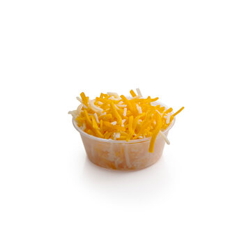 Studio Shot of Shredded Cheddar and Mozzarella Cheese Blend in Plastic Cup on White Background