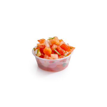 Studio Shot of Fresh Pico de Gallo Salsa in Plastic Portion Cup with Clipping Path