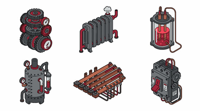 Isometric industrial machinery icons set featuring gears radiator chemical reactor boiler copper busbars and electrical circuit breaker components