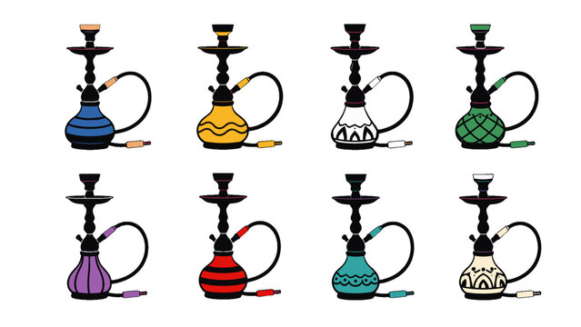 Set of colorful hookah silhouettes isolated on white background