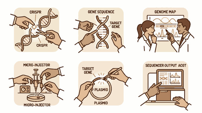 Set of six vector illustrations depicting genetic engineering processes including CRISPR gene editing plasmid manipulation and DNA sequencing analysis
