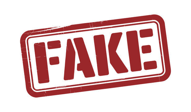 Fake rubber stamp marking in red ink for disinformation and verification concept, vector illustration featuring fraud warning, misinformation label, fact checking, false information, and authenticity 
