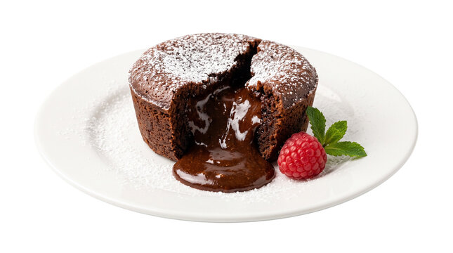 Decadent chocolate lava cake with molten center, warm cocoa fondant dessert with powdered sugar, gourmet dark chocolate souffle with fresh raspberry isolated PNG with Transparent Background