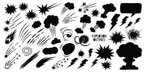 Set of black comic book explosion and speed effect shapes and symbols © Sharmin