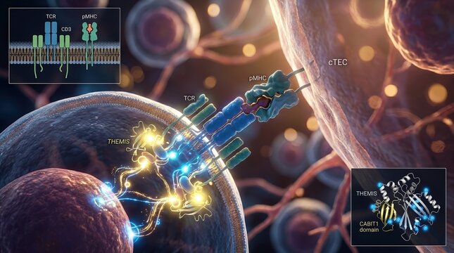 Scientific illustration of a developing T cell in the thymic cortex, with a peptide-MHC interface, clustered T-cell receptors, and glowing tyrosine phosphorylation signals around the CABIT1 domain and