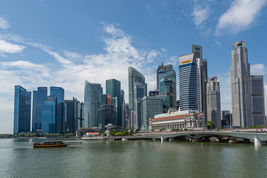 Singapore-February 26, 2026: View of the skyline of Singapore with Marina Bay in foreground.
