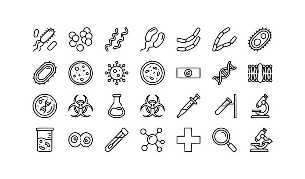Bacteria Biology Outline Icons Set with Microorganism Germ Cell and Microbe Line Vector Collection for Medical Science Design