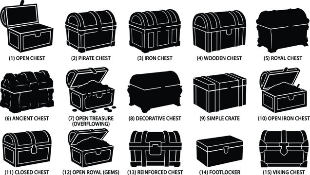 Treasure chest silhouette set, ancient wooden box black icons vector illustration isolated on white background
