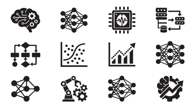 Technology icons, business workflow symbols, automation graphics, robotics signs, 12 black vector graphics