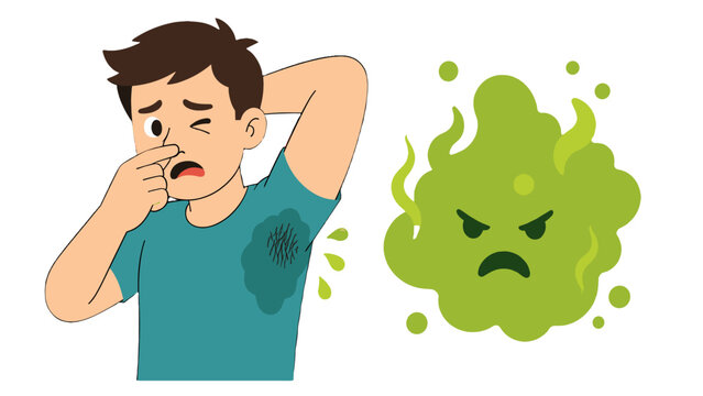 Man reacting to sweaty armpit with bad odor cloud illustration
