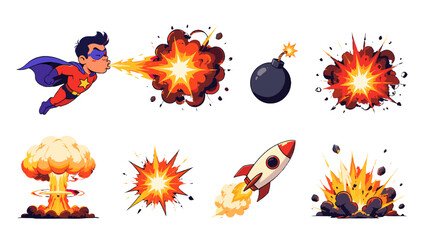 Cartoon explosion and bomb blast vector set with rocket and hero © icon_art