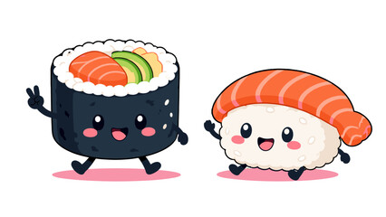 Cute sushi characters with smiling faces in cartoon vector style © icon_art