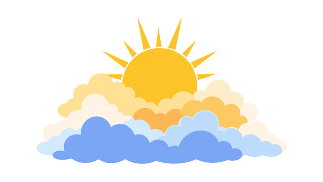Sun rising behind layered clouds in flat paper cut style