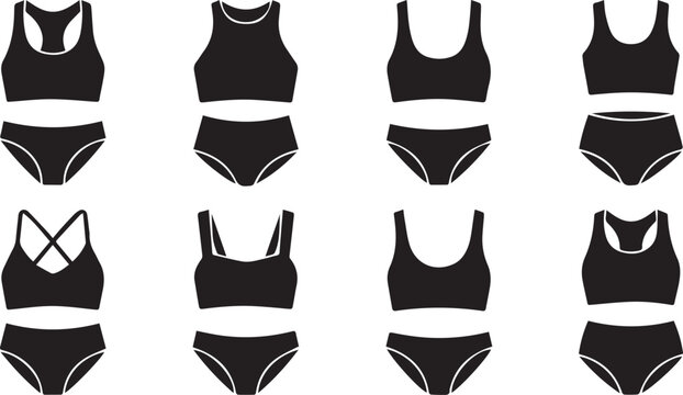 Collection of women athletic underwear sports bra and briefs silhouettes isolated on white background vector illustration
