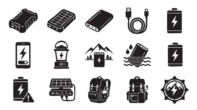 Energy icons, battery symbols, power signs, 16 vector graphics