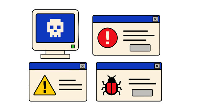 Retro computer error windows and bug warning vector set
