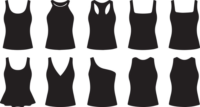 Collection of women tank top sleeveless shirt and camisole silhouettes isolated on white background vector illustration