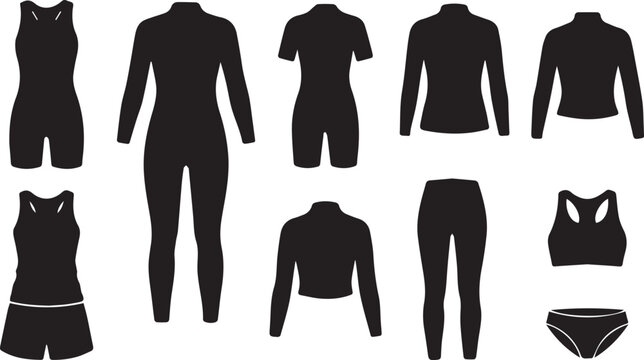 Collection of women rash guard surfing wetsuit and activewear silhouettes isolated on white background vector illustration